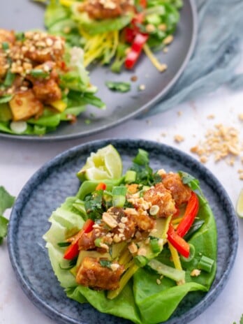 two plates with three lettuce wraps filled with tofu, peanut sauce, avocado, bell pepper and cucumber