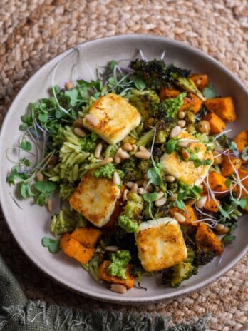 Pesto orzo salad with roasted broccoli, sweet potatoes and chickpeas with fried feta