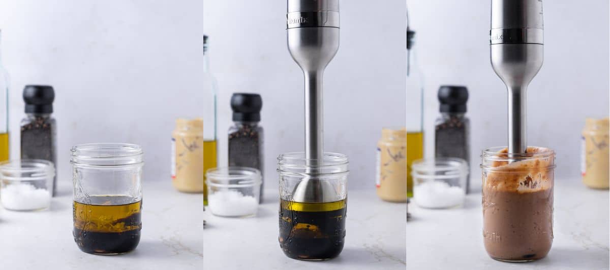 process of blending the dressing using an immersion blender
