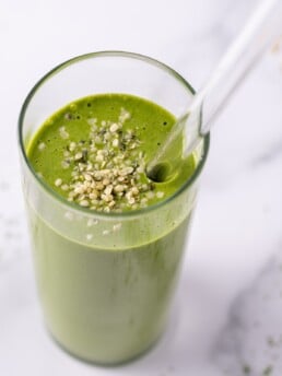 skinny glass with matcha protein shake with hemp hearts
