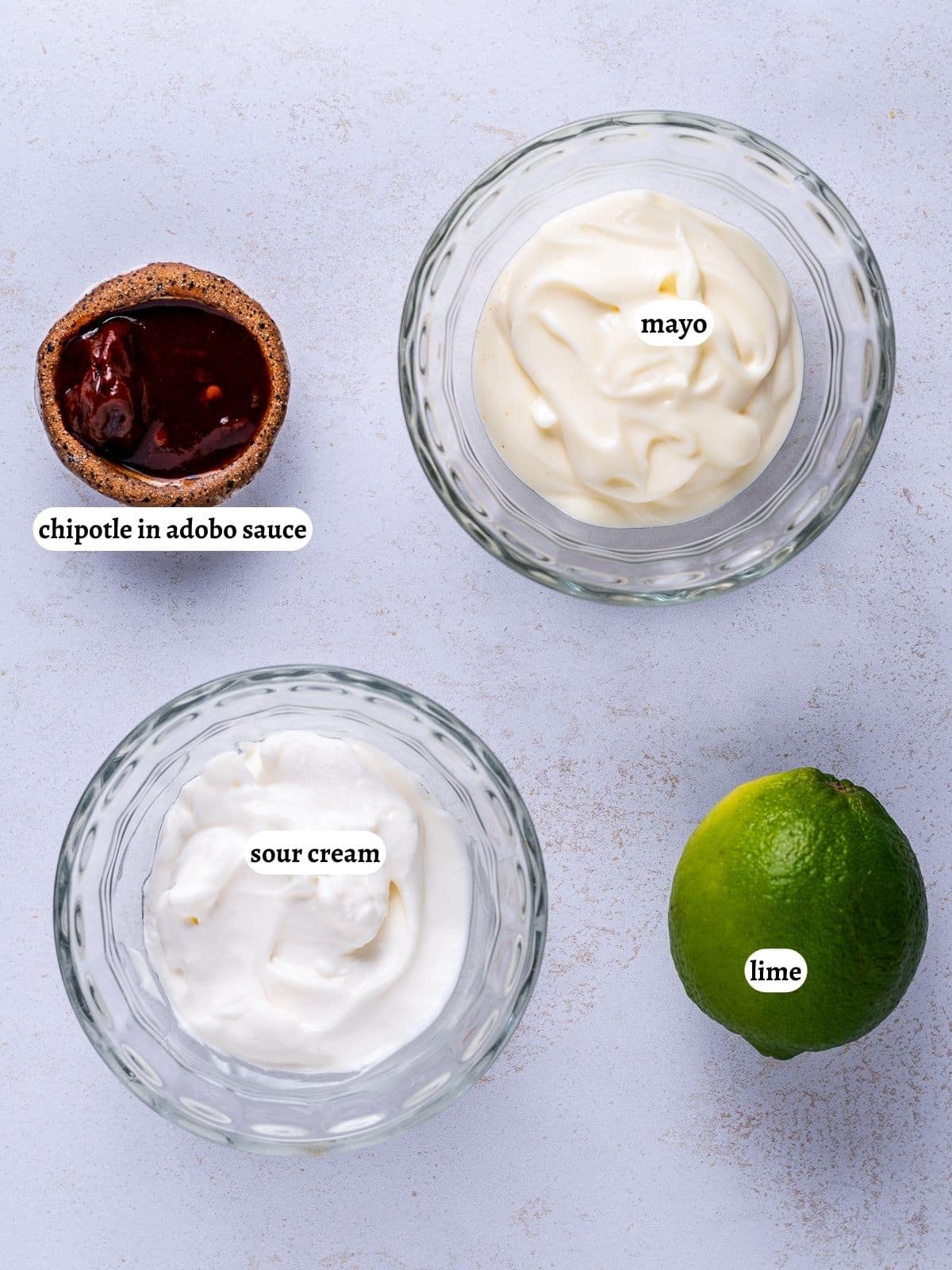 ingredients needed for the recipe- sour cream, mayo, lime, chipotle in adobo sauce