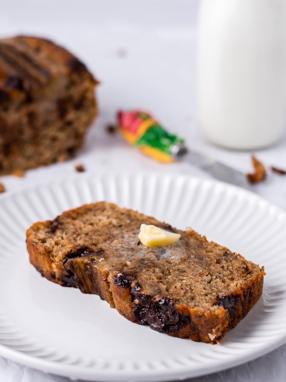 slice of cottage cheese banana bread on a small plate