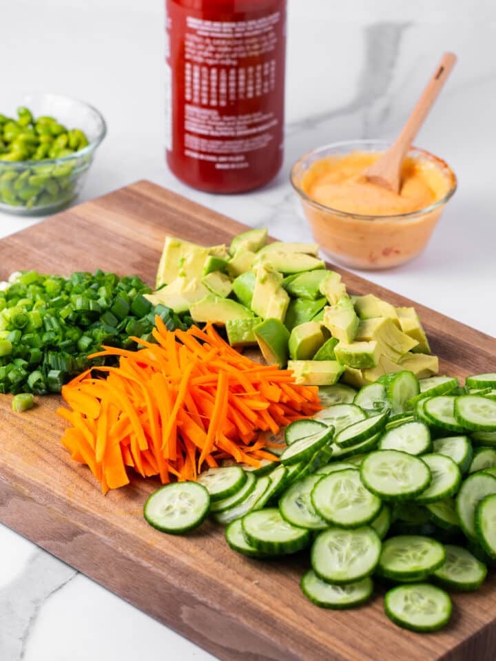 mise en place veggies on cutting board