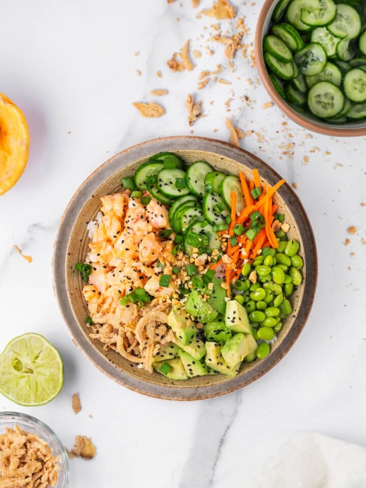 overhead view of shrimp poke bowls