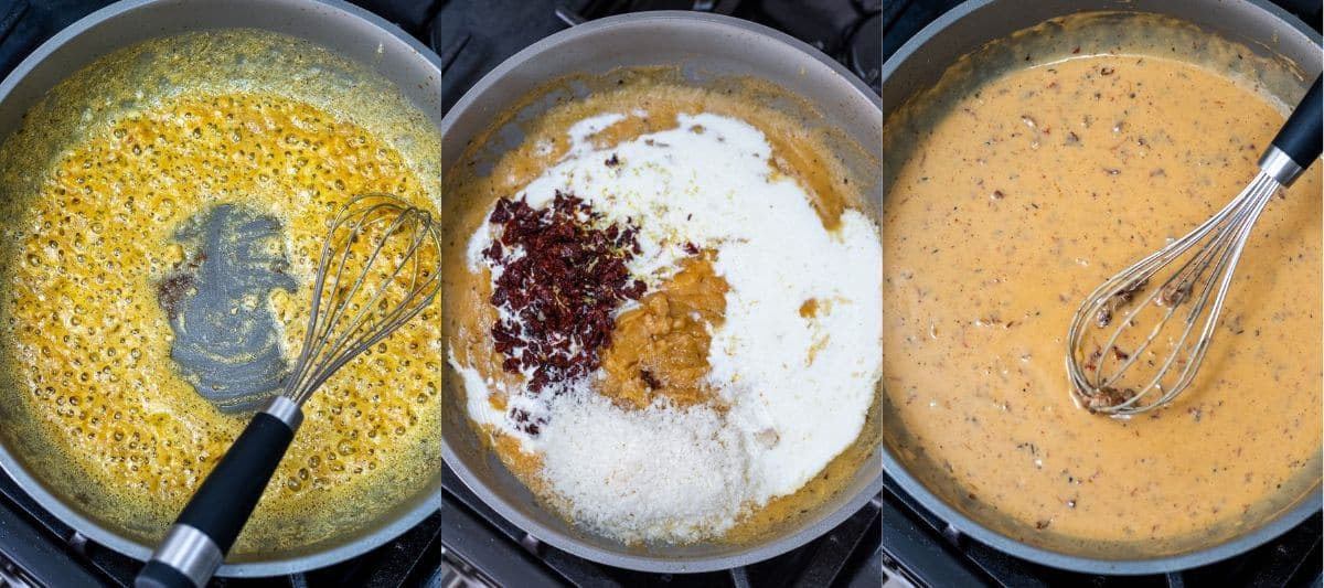 side by side of three photos: roux, cream and parmesan added, then final whisked together sauce