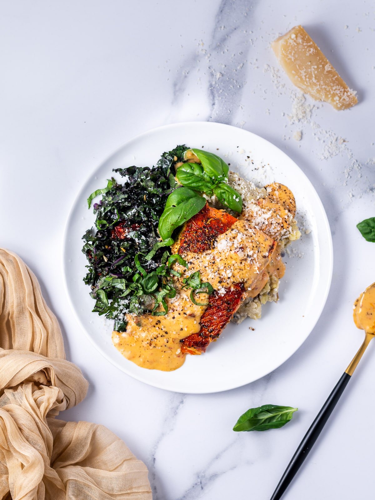 white plate with marry me salmon on it