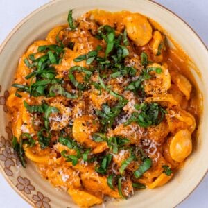 bowl of pasta alla vodka topped with fresh basil and parmesan