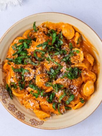 bowl of pasta alla vodka topped with fresh basil and parmesan