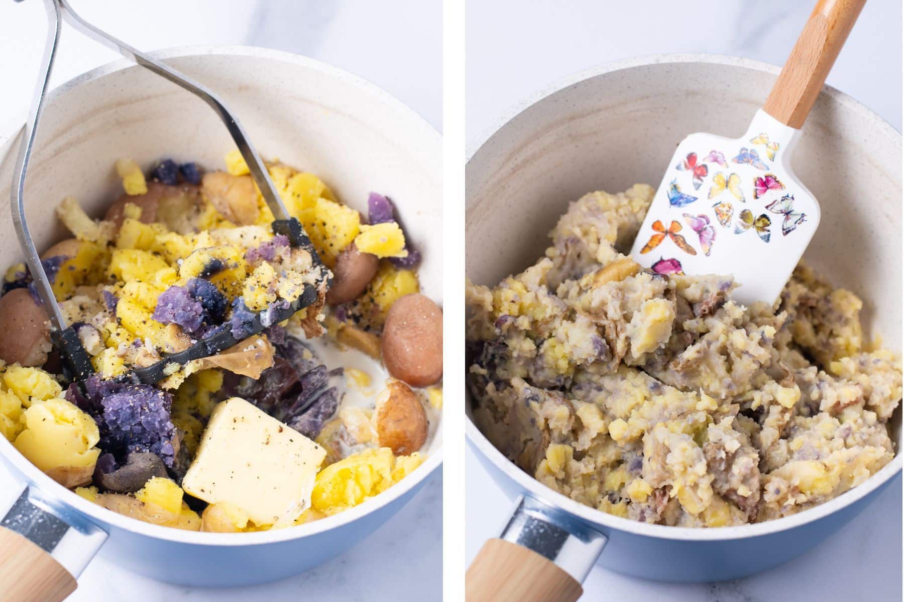 side by side of potatoes being mashed with butter, cream, salt and pepper