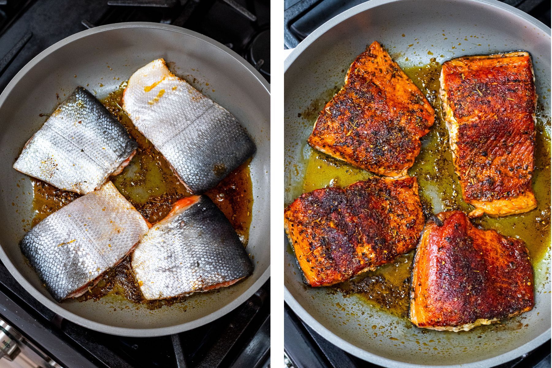 side by side photos of salmon cooking seasoned side down and then skin side down