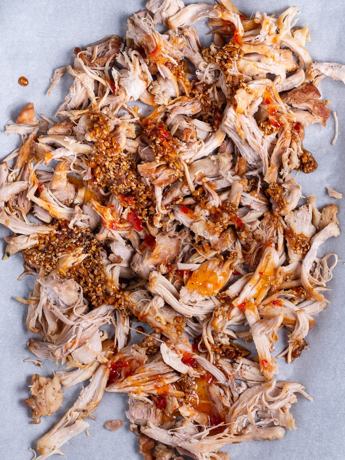 shredded chicken drizzled with teriyaki sauce and sweet chili sauce