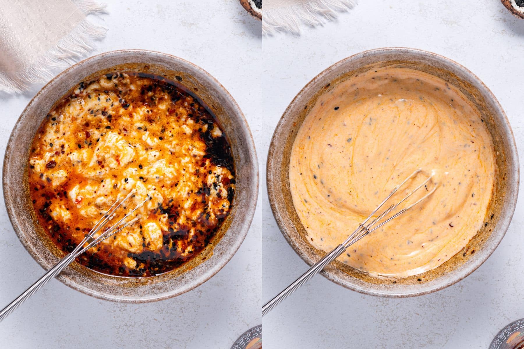 side by side shot of creamy dressing being whisked together