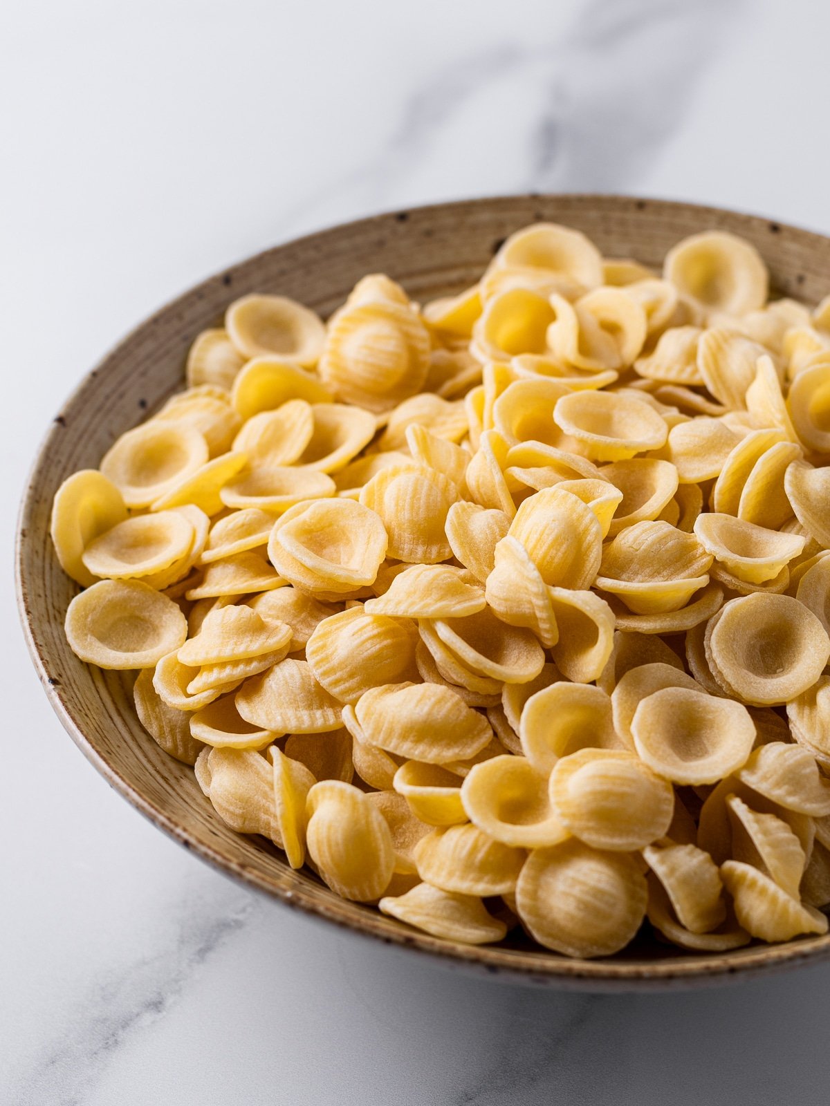 bowl of uncooked orecchiette pasta