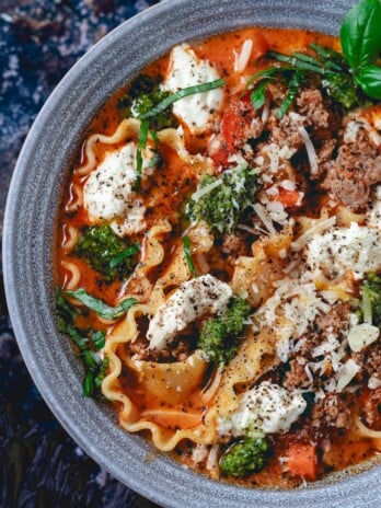 grey bowl with spicy lasagna soup