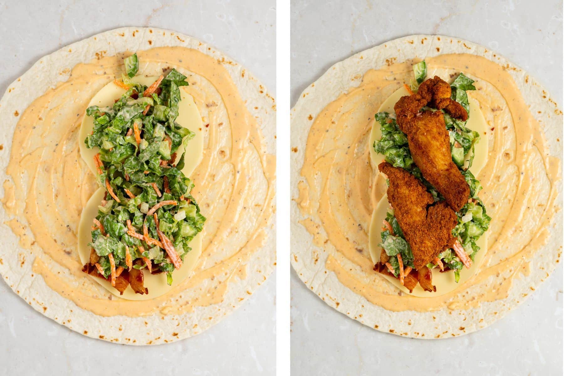 process photos of the tortilla with salad added and with chicken added