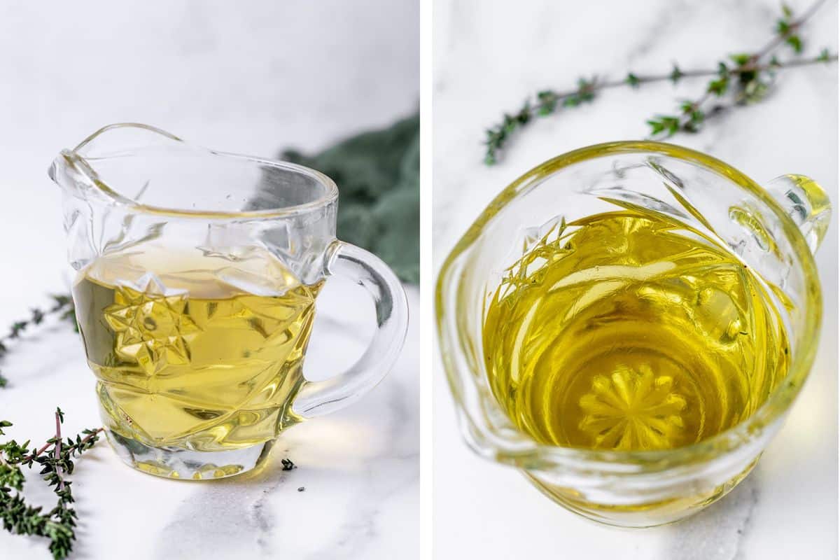 side by side pictures of a small pitcher with a light, yellow green colored syrup