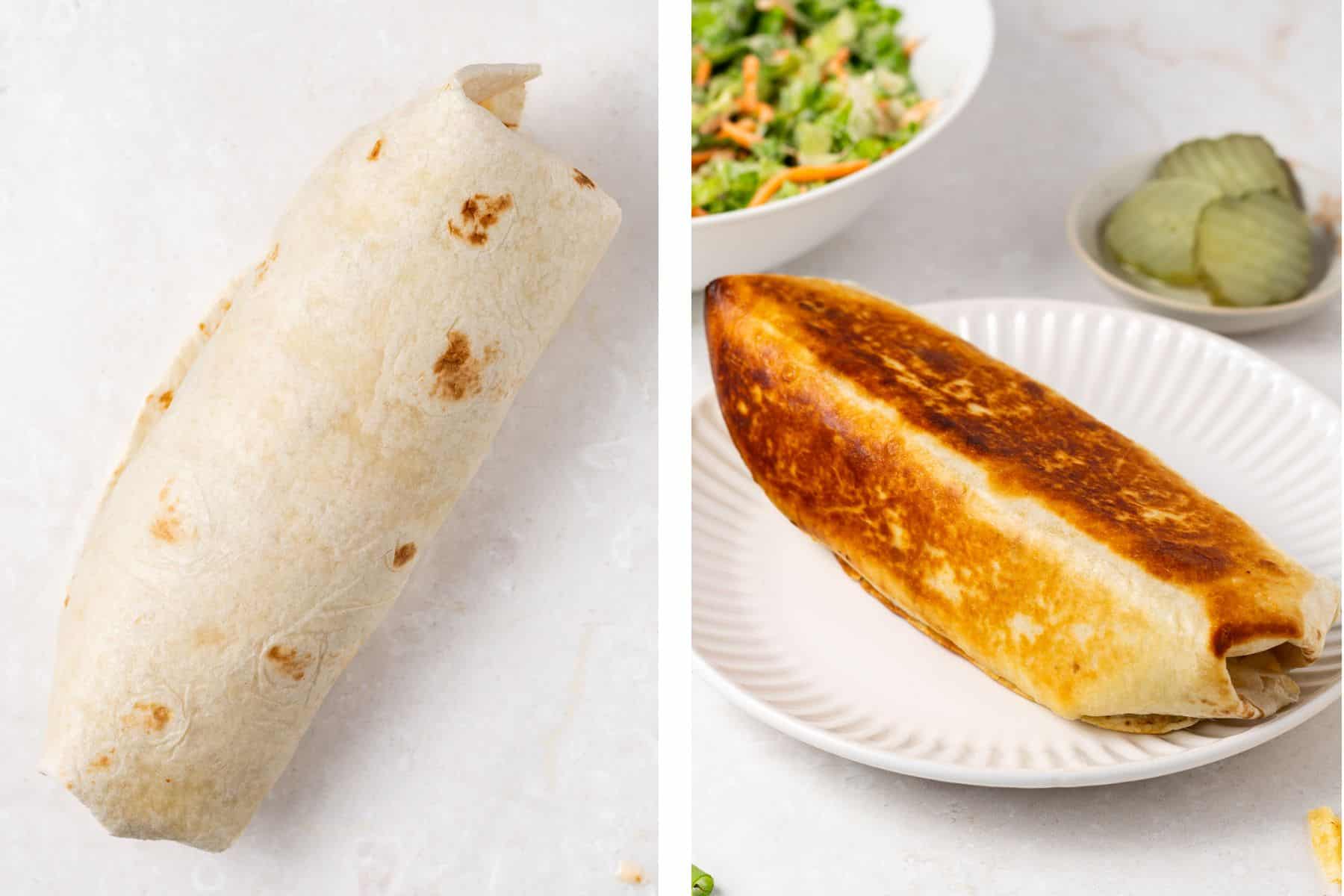 process photos of a rolled uncooked wrap and a golden brown toasted wrap