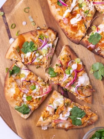 buffalo chicken flatbread with red onions and cilantro