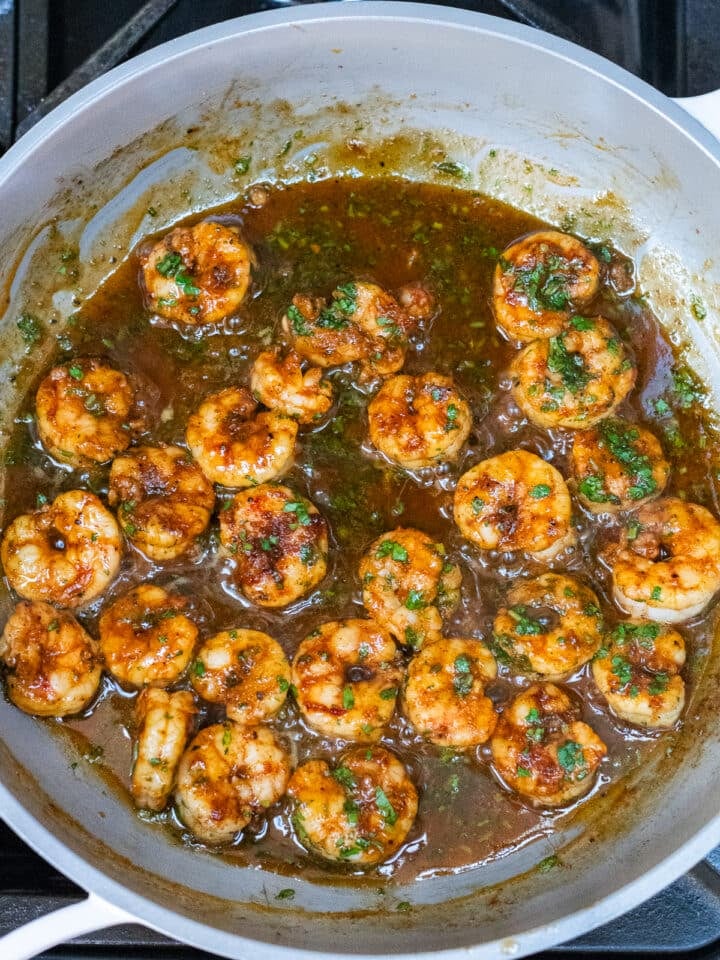 shrimp in pan with cilantro honey lime sauce