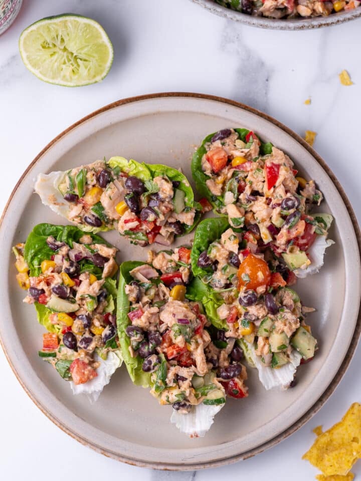 five lettuce cups filled with Mexican tuna salad