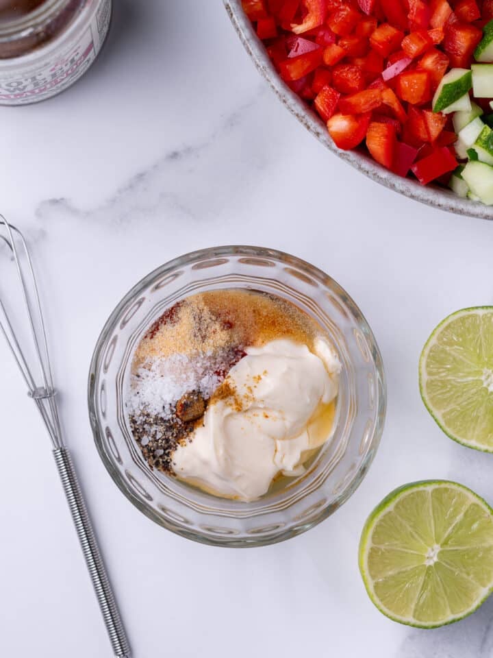small bowl with unmixed dressing ingredients