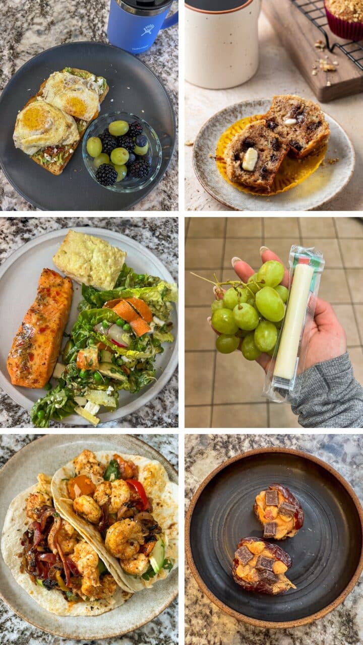 Photo collage of the meals and snacks from what I eat in a day