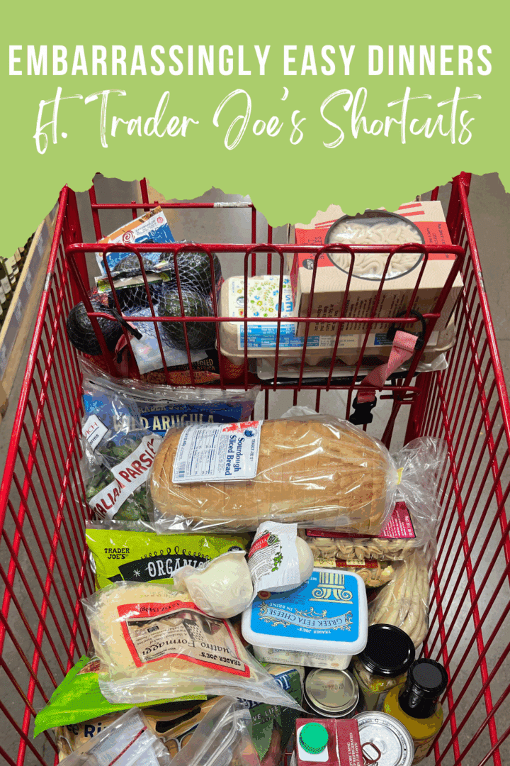 picture of a red grocery cart with a variety of Trader Joe's groceries in it