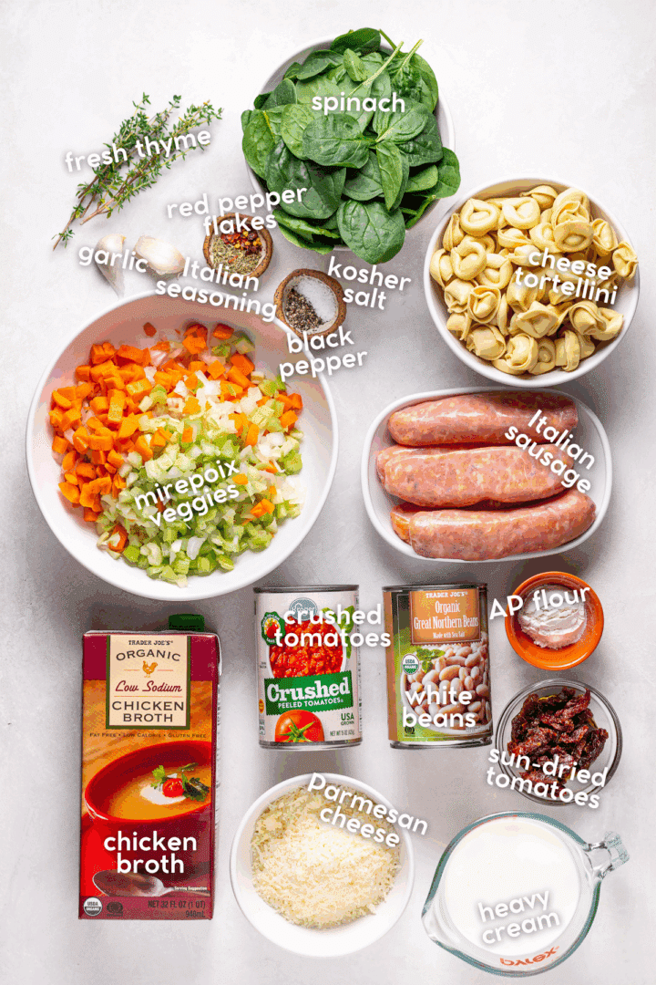 labeled picture of the ingredients needed to make Tuscan tortellini soup
