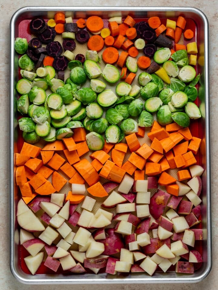 chopped veggies on a sheet pan