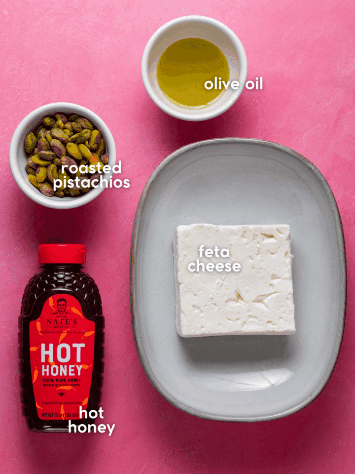 picture of the ingredients needed to make baked feta with pistachios and hot honey