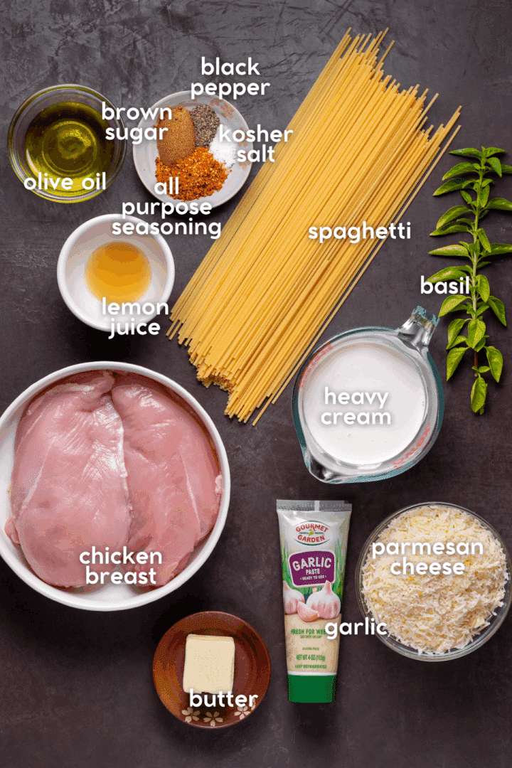 Picture of the ingredients needed to make spaghetti alfredo with grilled chicken