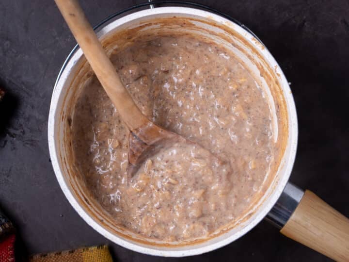 cooked oatmeal in a saucepan