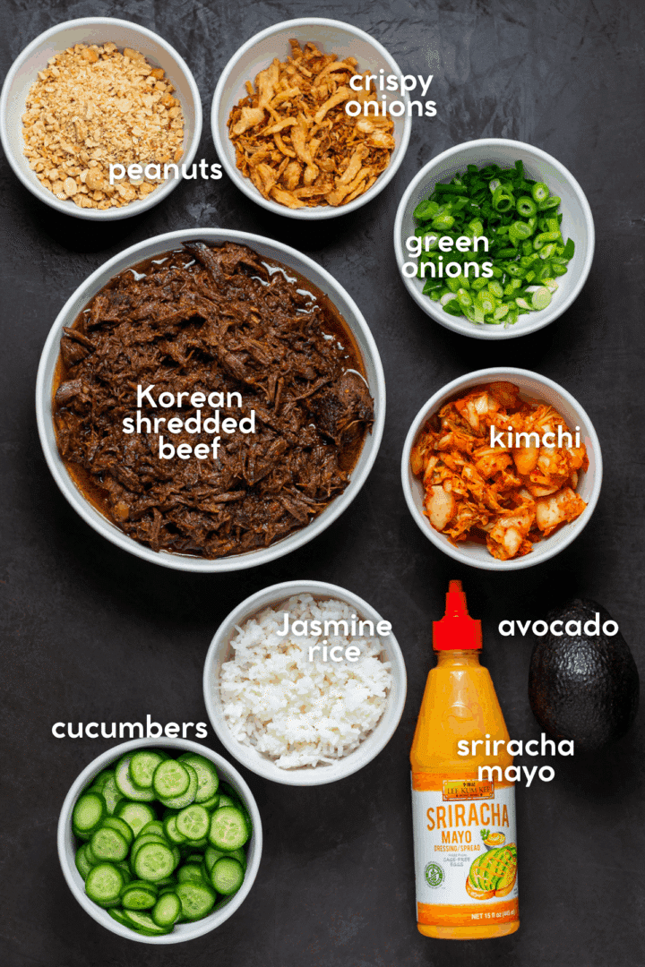 picture of everything needed to make a Korean beef rice bowl