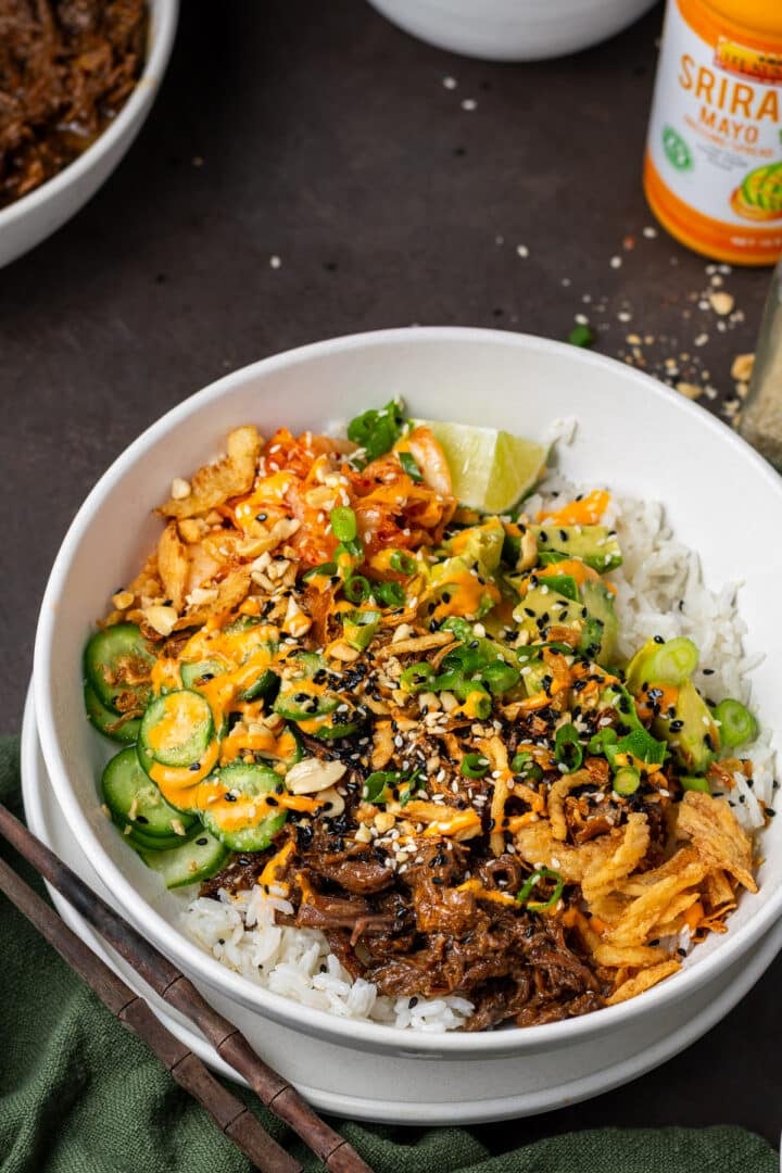 fully assembled beef rice bowl