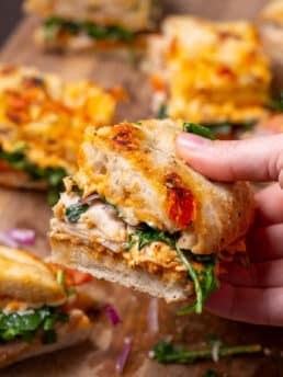 hand holding a sandwich made with chicken, arugula, tomato, red onion and sun-dried tomato pesto mayo