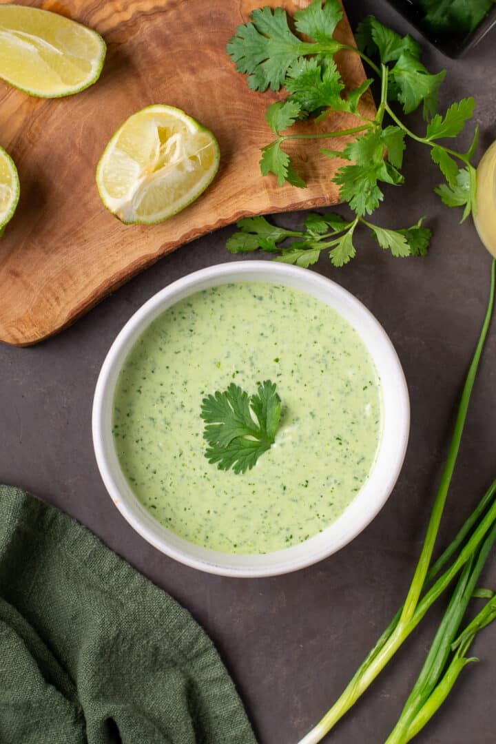 overhead view of cilantro yogurt sauce in a white bowl