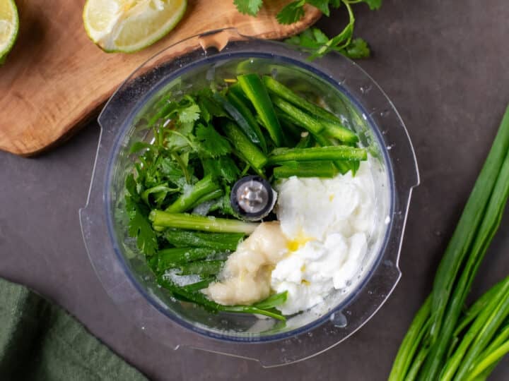 plain Greek yogurt, green onions, cilantro, garlic and olive oil in a food processor