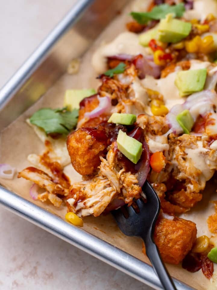 bite of sweet potato totchos on a fork