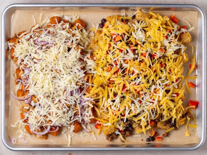 monterey jack cheese added to the sweet potato totchos and cheddar cheese added to the regular totchos