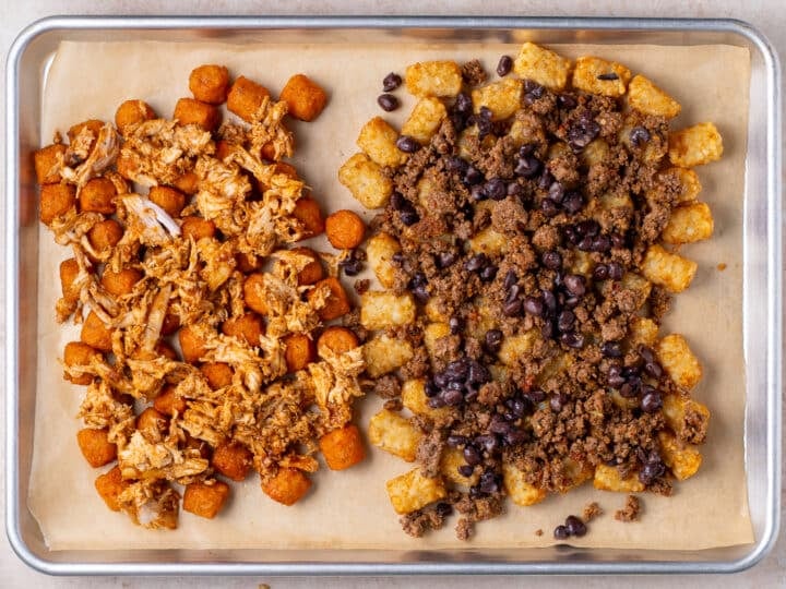 BBQ shredded chicken on top of sweet potato tots and black beans and beef on top of tater tots