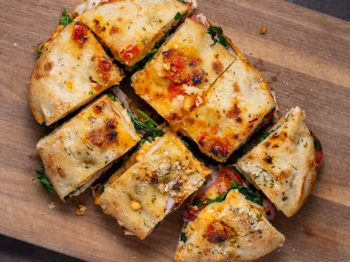 chicken focaccia sandwich sliced into eight pieces