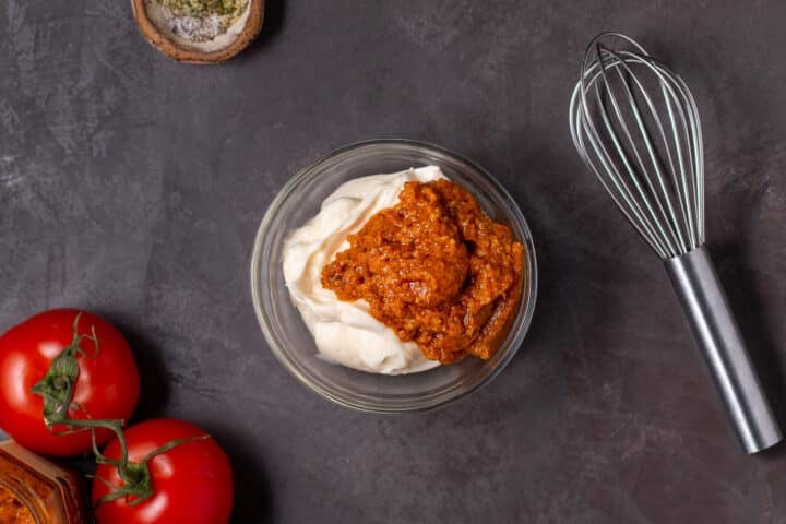 mayo and sun dried tomato pesto in a bowl