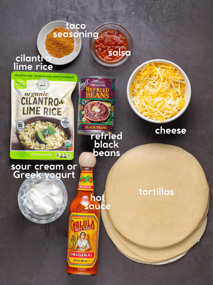 picture of the ingredients needed to make cheesy bean and rice burritos
