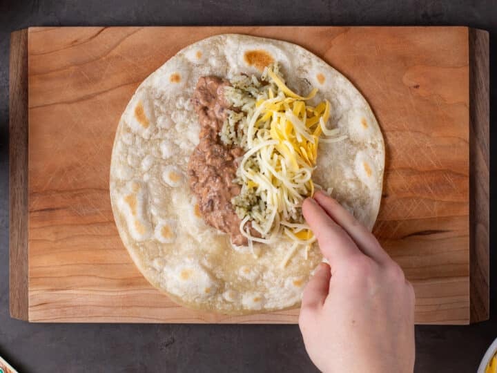 tortilla with bean mixture, cilantro lime rice and cheese