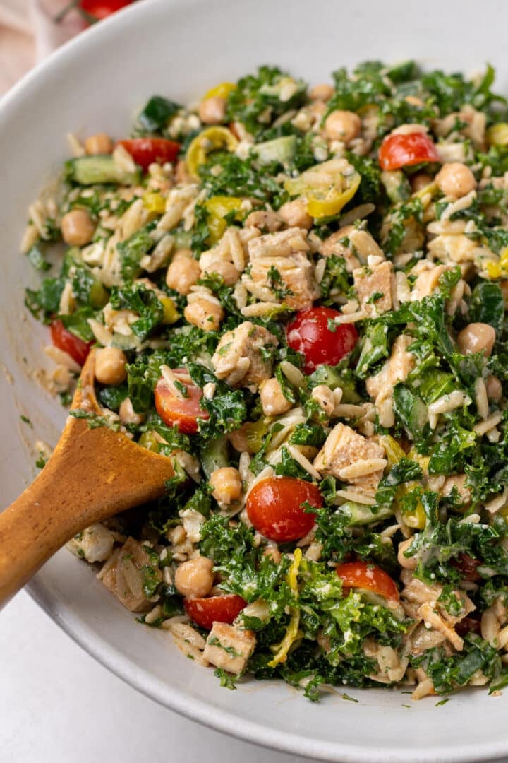 picture of chicken, kale, chickpea and orzo salad