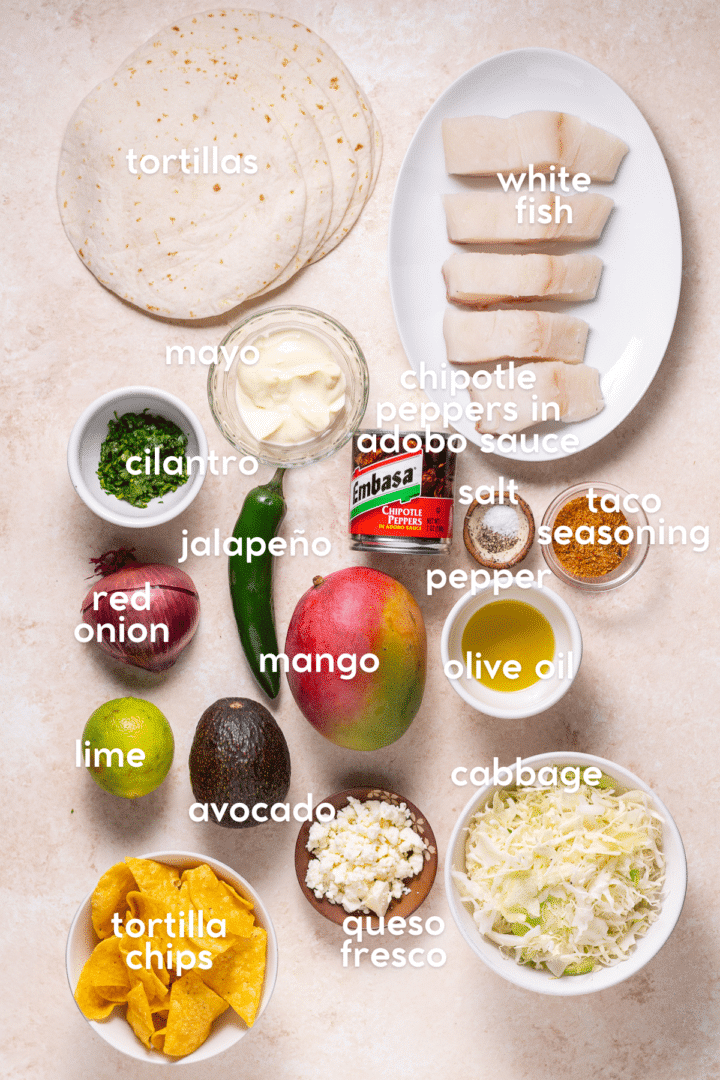 picture of the ingredients needed to make healthy air fryer fish tacos