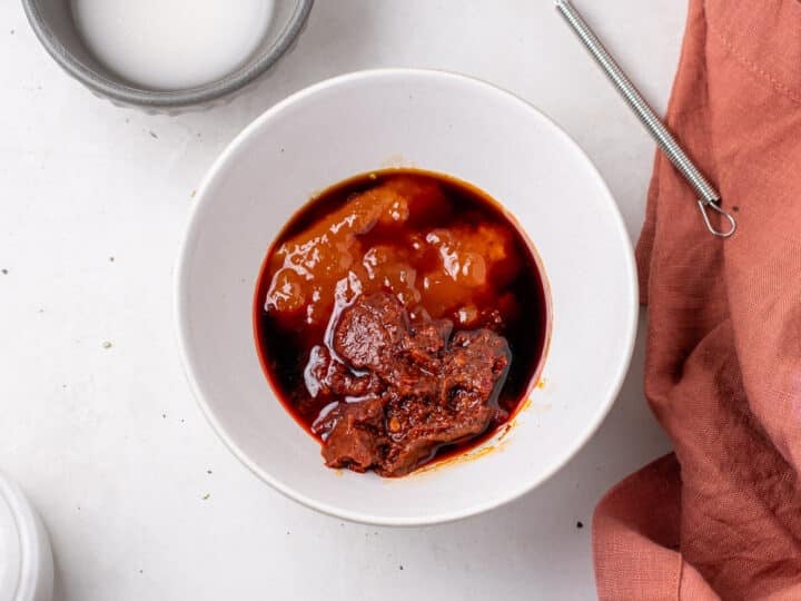 harissa paste, soy sauce, and apricot preserves combined for apricot harissa sauce