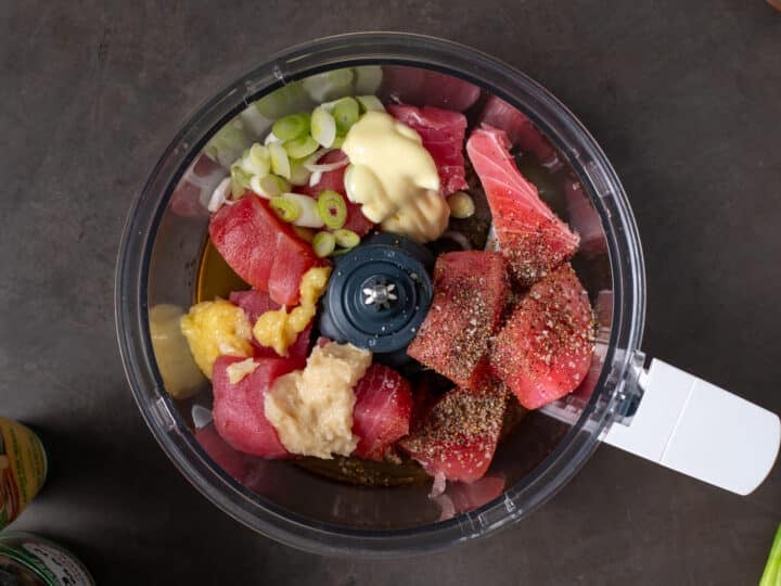 ahi tuna chunks, mayo, garlic, ginger, green onions and mayo in a food processor