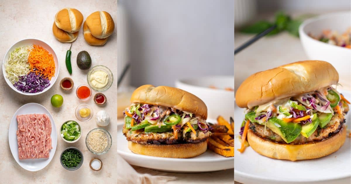 Juicy Sweet Chili Ground Chicken Burgers with Sesame Slaw