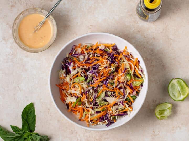 finished sesame slaw with cabbage, carrots and lime juice